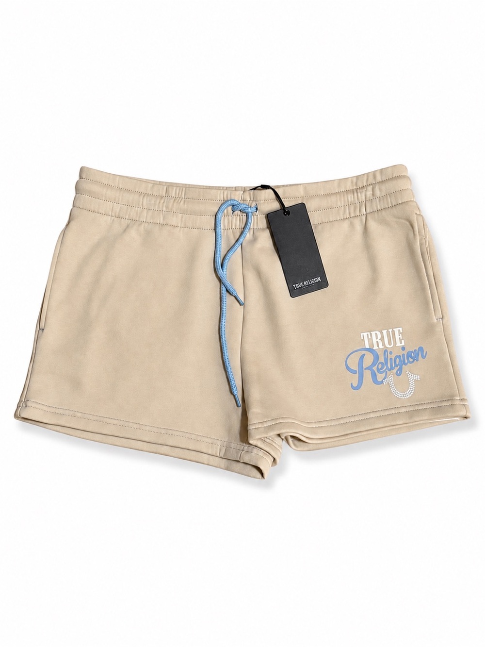 True Religion Beige Shorts with Light Blue Stitching and Drawstring Size M